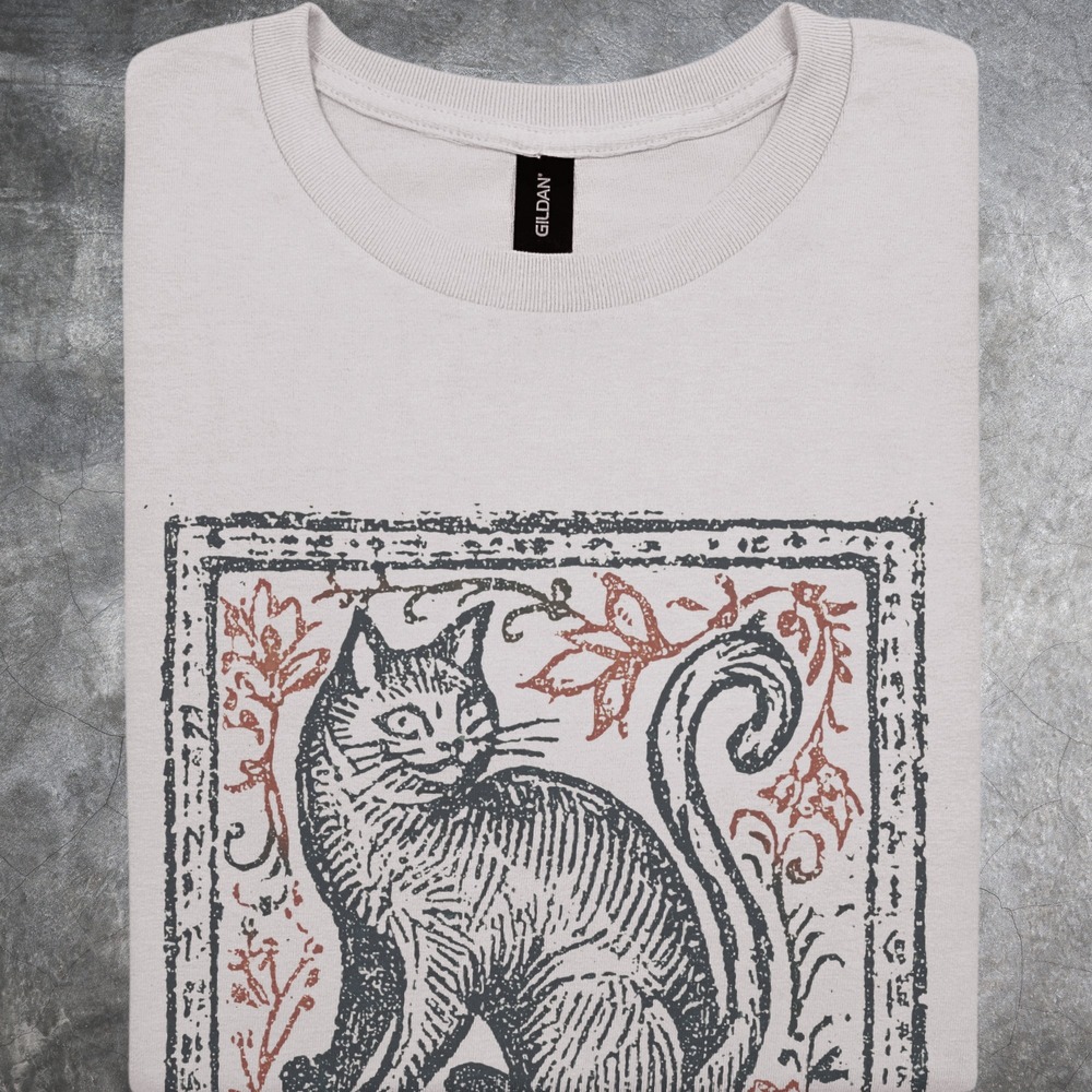 Vintage Cat Botanical Graphic Tee Woodcut Print Aesthetic